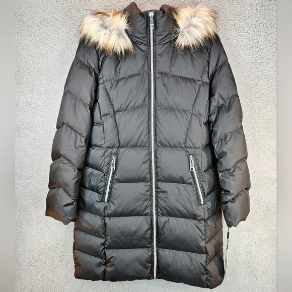 **SOLD***Calvin klein Womens Black Full Zip Coat Sz M Detachable Hood Faux Fur - Picture 3 of 15